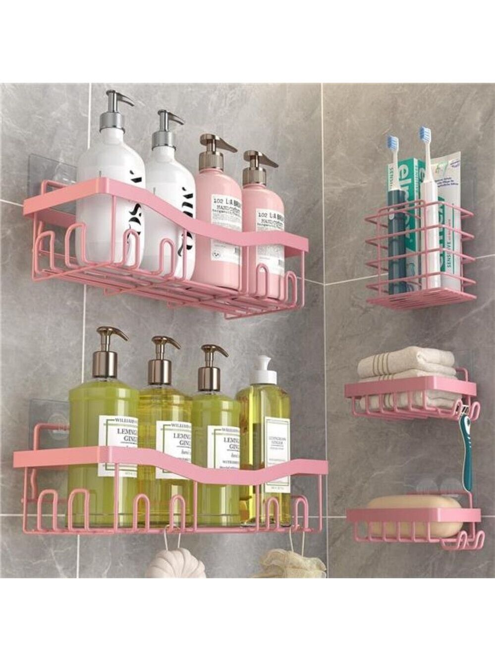 Adhesive Shower Caddy Set Rustproof No Drilling Bathroom Organizer Soap Toothbru
